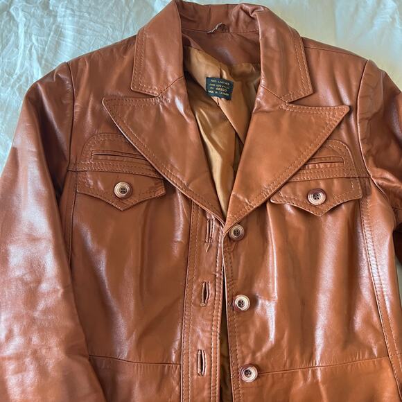 Vintage Genuine Leather Cognac button front Blazer Jacket double breasted - Picture 10 of 16